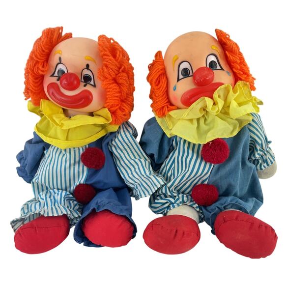 Vintage ‘80s Set of 2 Dakin Two Sided Face Sad Happy Clown Plush Doll Pre-Owned